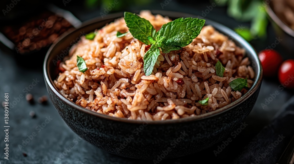 An inviting bowl of mouthwatering rice with fresh mint leaves adds a fragrant touch, emphasizing delicious flavors and cultural richness that appeals to food lovers everywhere. An inviting bowl of mouthwatering rice with fresh mint leaves adds a fragrant touch, emphasizing delicious flavors and cultural richness that appeals to food lovers everywhere.