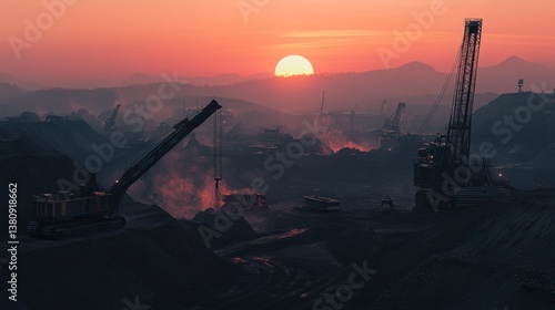 Obraz na płótnie Epic sunrise over a large-scale mining operation, showcasing heavy machinery and industrial activity w salonie