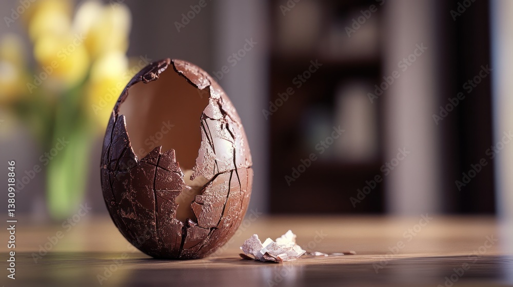 Cracked Chocolate Egg with Filling on Wooden Table Still Life