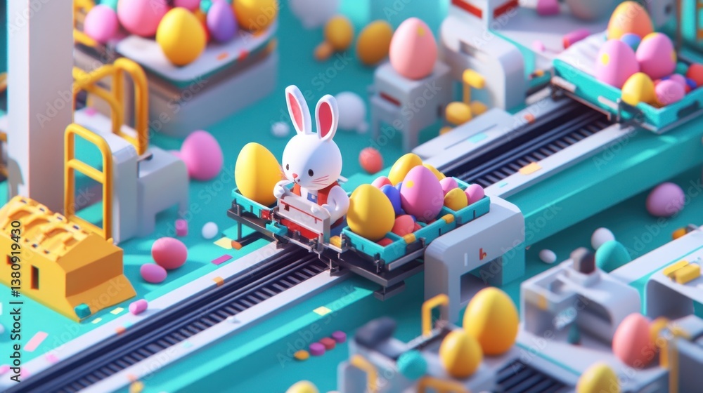 Delightful 3D Isometric Easter Egg Factory with Adorable Tiny Bunnies at Work