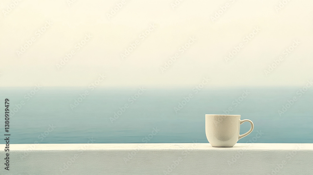 A serene oceanfront still life, warm white ceramic mug resting on a painted surface, subtle texture on the ledge A serene oceanfront still life, warm white ceramic mug resting on a painted surface, subtle texture on the ledge