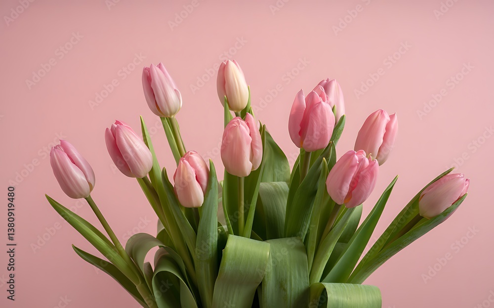 Fototapeta premium A bouquet of pink tulips against a soft pink background studio shot