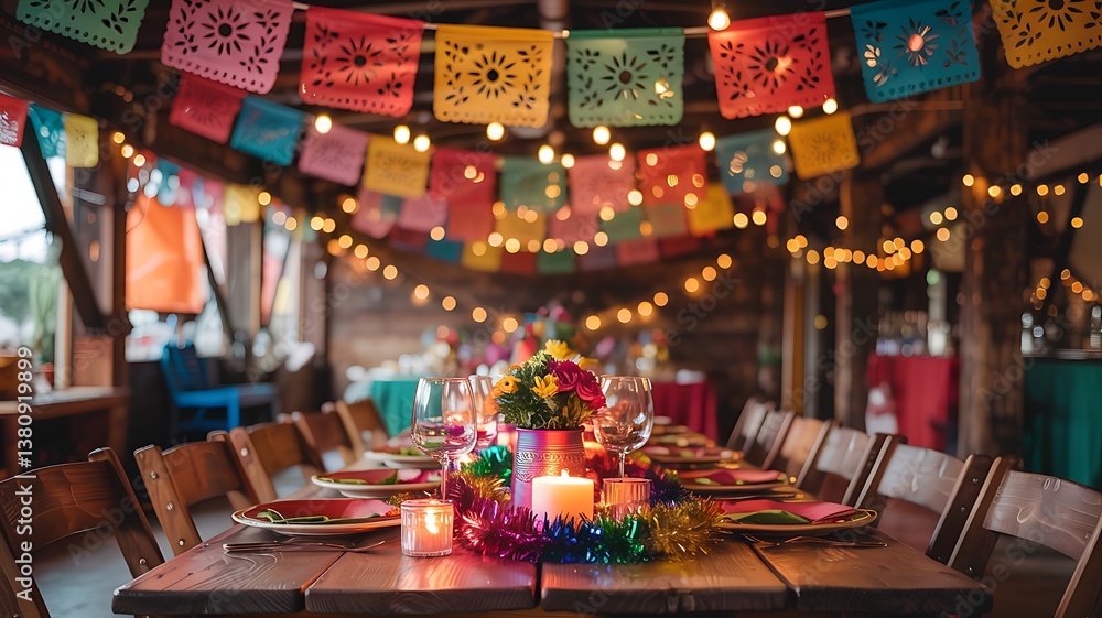 Festive table setting with papel picado banners and string lights Festive table setting with papel picado banners and string lights