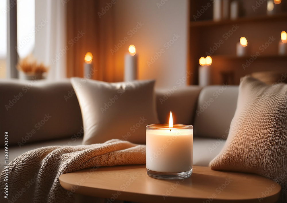 Interior with burning candles on wooden table. cozy home aesthetic Interior with burning candles on wooden table. cozy home aesthetic