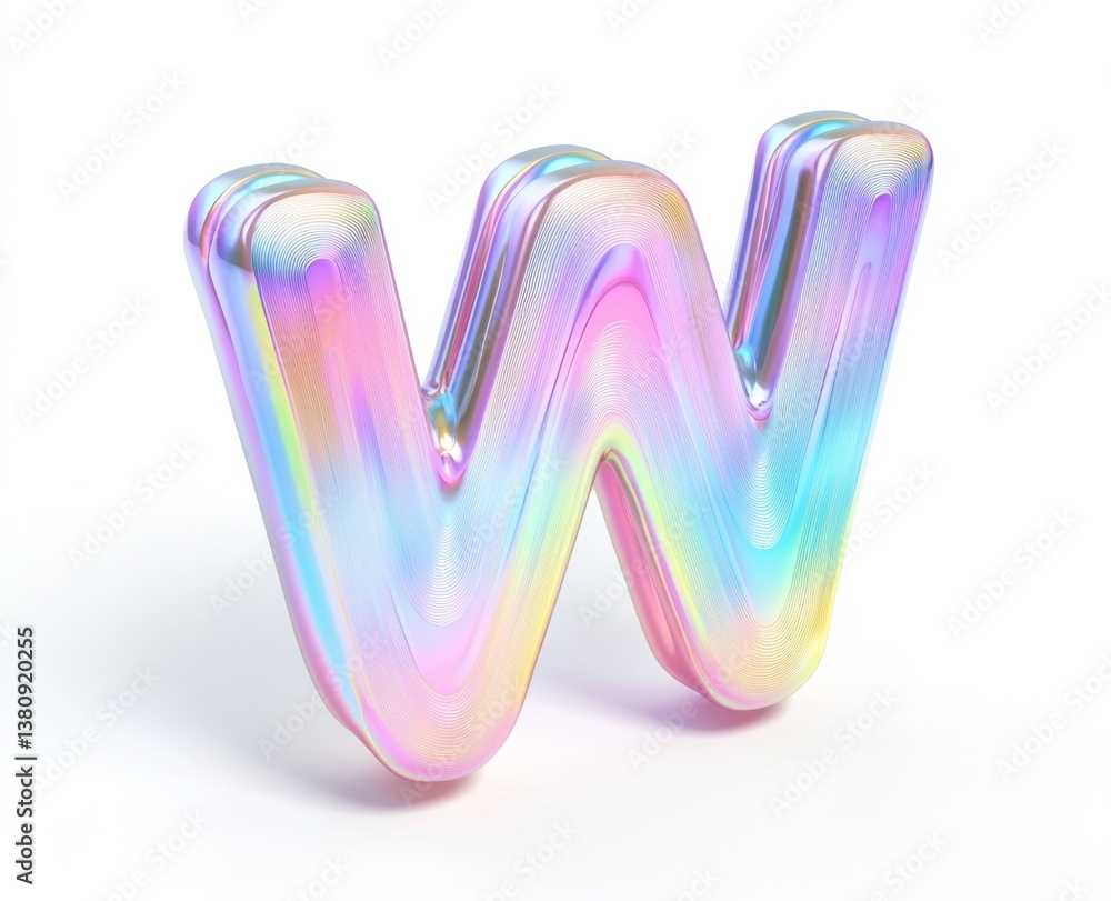 Holographic W letter, 3D render, white background, alphabet, design Holographic W letter, 3D render, white background, alphabet, design