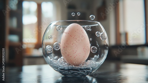 Obraz na płótnie Speckled Egg in Glass Bowl with Bubbles Resting on Clear Marbles w salonie