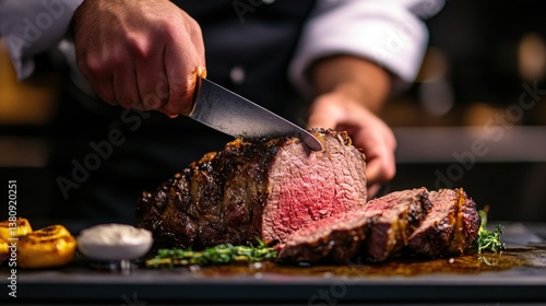 Obraz na płótnie Chef delicately slicing a succulent roast beef for an elegant culinary presentation w salonie