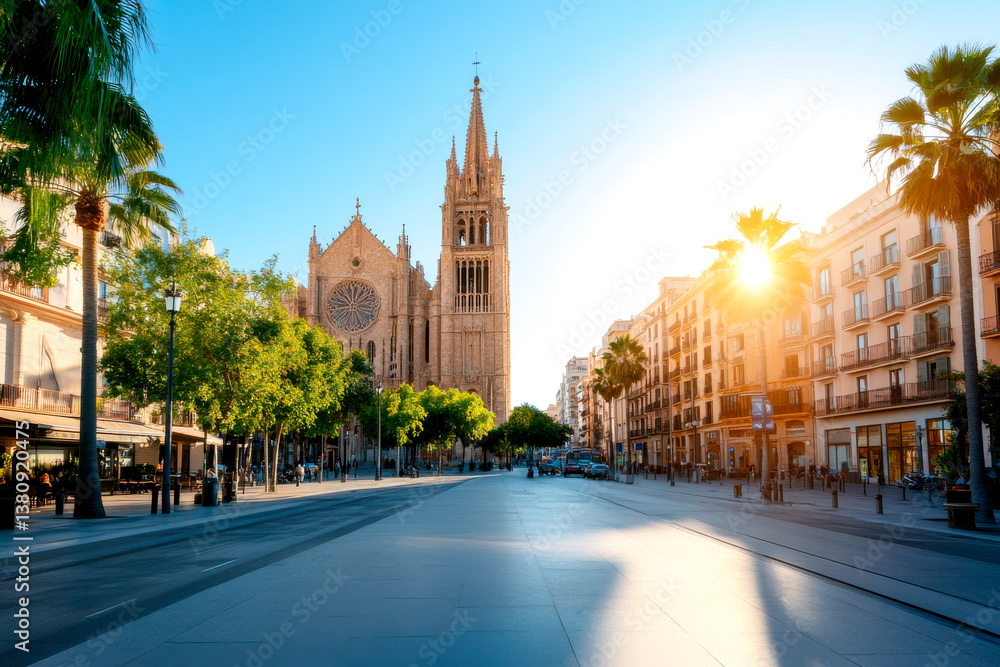 Fototapeta premium A vibrant street scene featuring palm trees, historic architecture, and sunlight illuminating a city square.