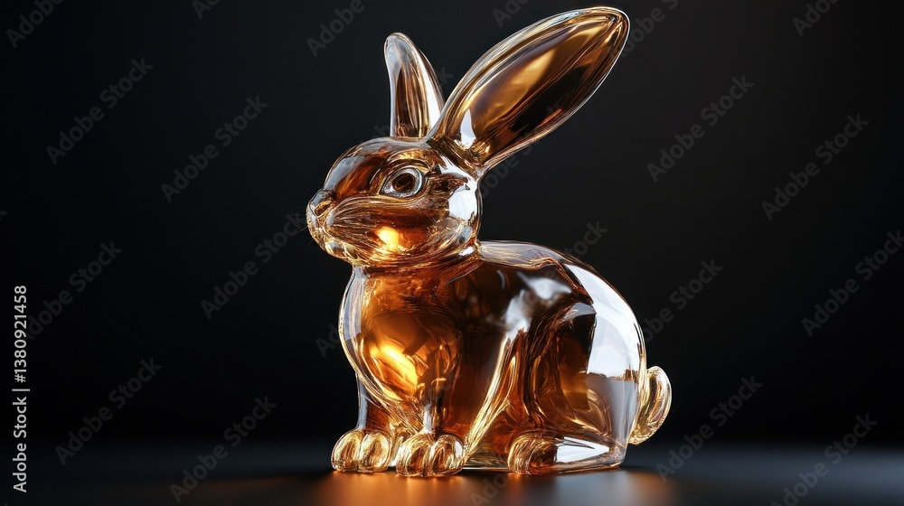 Shiny Glass Rabbit Sitting Sculpture Against Black Backdrop Still Life