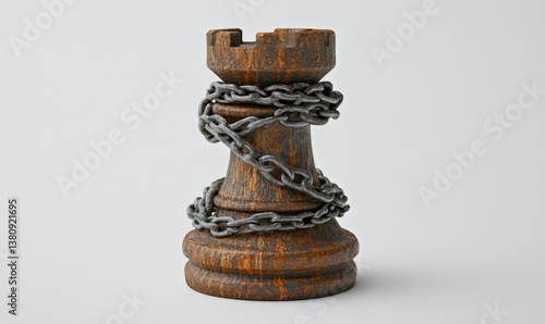 Chained wooden rook chess piece on white background, strategy concept