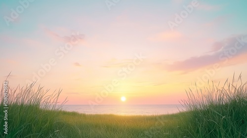 Fototapeta Naklejka Na Ścianę i Meble -  Serene grassy path leading to the ocean at sunset illuminated by golden light golden