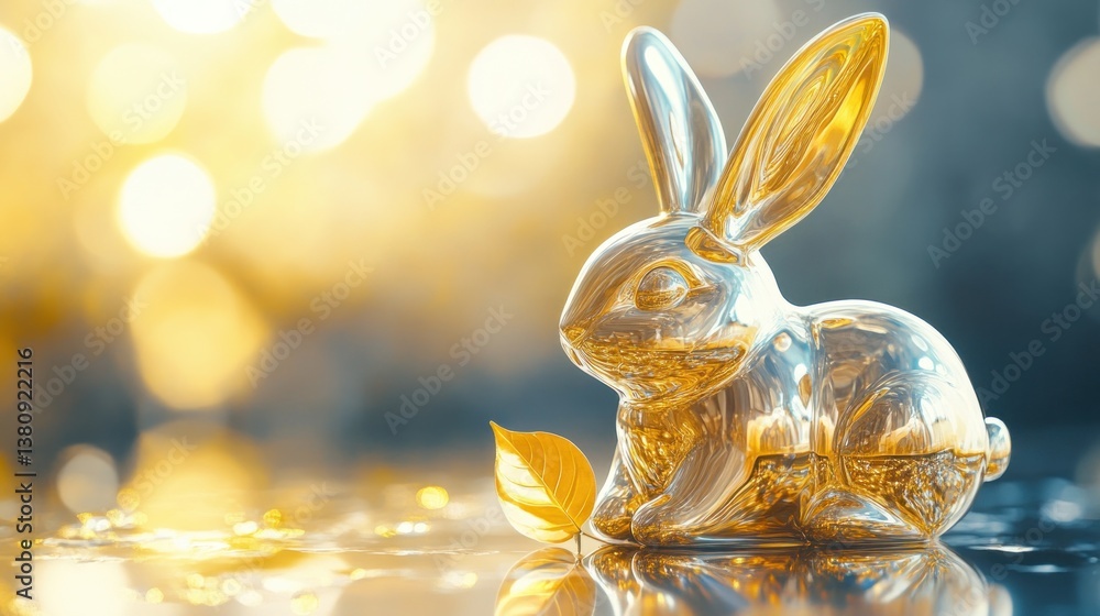 Shiny Golden Rabbit with Leaf and Bokeh Lights for Decoration