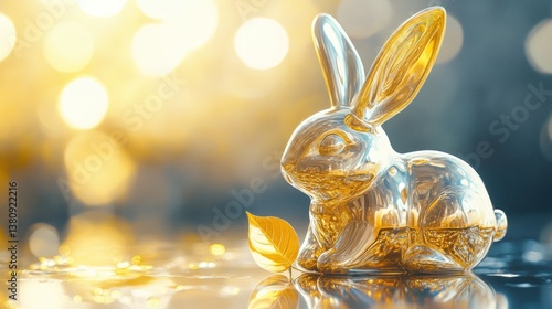 Obraz na płótnie Shiny Golden Rabbit with Leaf and Bokeh Lights for Decoration w salonie