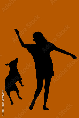 Silhouette photo style of girl or woman playing with dog on the sea beach.
