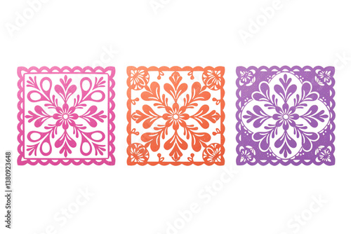 Colorful decorative cut out garland. Dia de los Muertos, Mexican Day of the Dead. Halloween festive paper bunting flags, papel picado. Isolated vector hand drawn graphic element. Birthday party decor