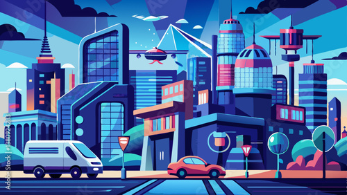 a futuristic smart city with ai powered transporta