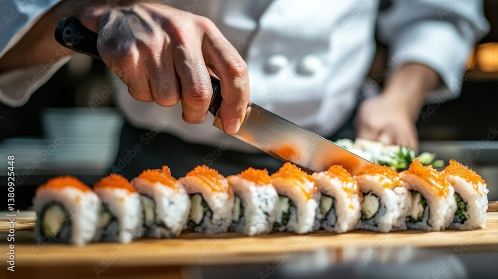 Expert chef meticulously slicing delectable sushi rolls with precision and skill
