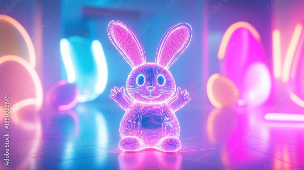 Glowing Pink Rabbit with Raised Arms in a Neon Lit Space