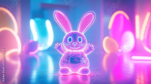 Obraz na płótnie Glowing Pink Rabbit with Raised Arms in a Neon Lit Space w salonie