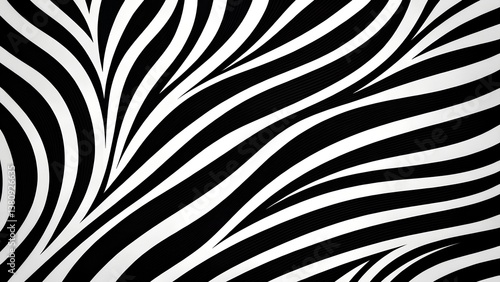 Abstract zebra pattern with dynamic black and white wavy stripes creating an optical illusion design background