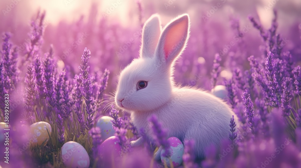 Rabbit Among Lavender with Decorated Eggs, Gentle Spring Holiday Mood