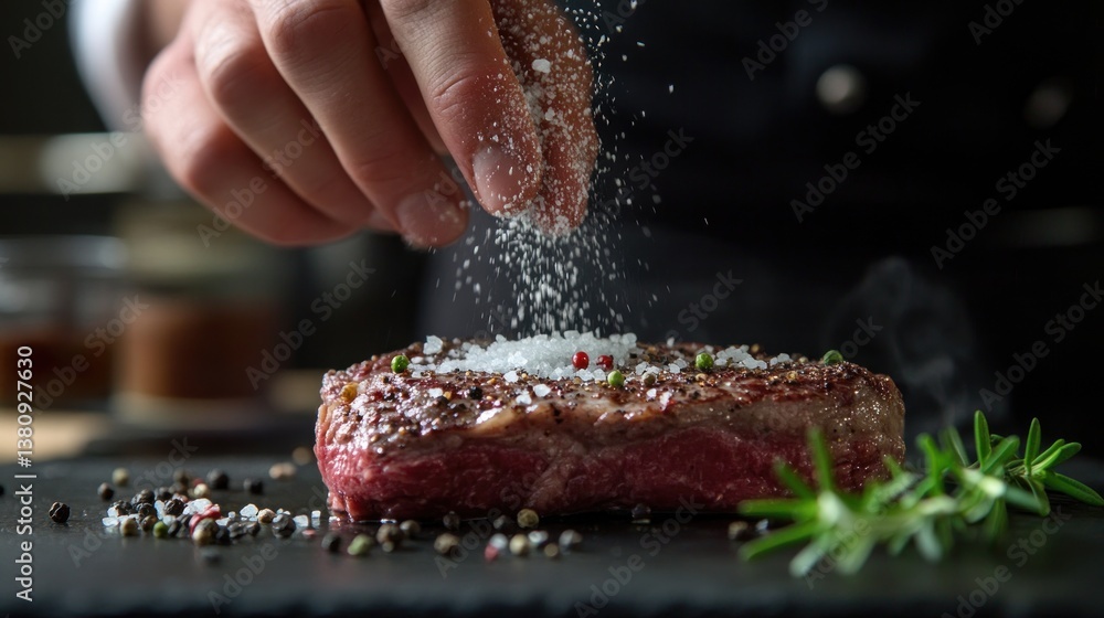 Chef delicately seasons a perfectly seared steak with salt, an artful culinary moment