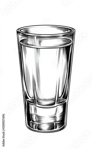 Line Drawing of a Clear Liquid Filled Shot Glass on White Background