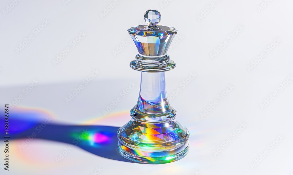 Glass chess queen on white with rainbow light reflections, strategy concept Glass chess queen on white with rainbow light reflections, strategy concept