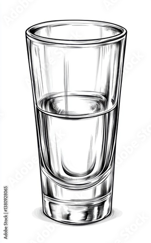 Partially Filled Short Glass Black And White Detailed Etching Illustration