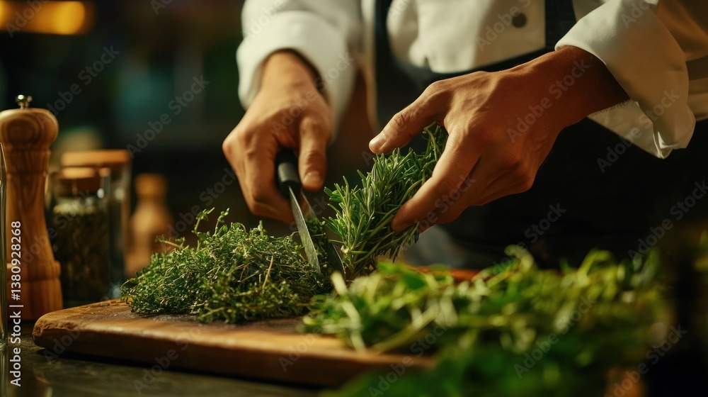 Expert chef meticulously chopping aromatic fresh herbs on a rustic wooden block