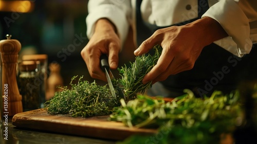 Obraz na płótnie Expert chef meticulously chopping aromatic fresh herbs on a rustic wooden block w salonie