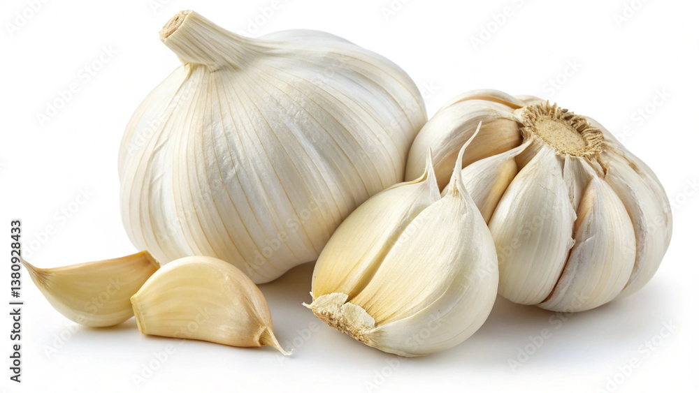 Obraz premium Garlic bulb, peeled cloves, white background, fresh ingredient, culinary presentation, natural texture.