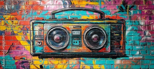 Colorful Graffiti Boombox on Brick Wall Art