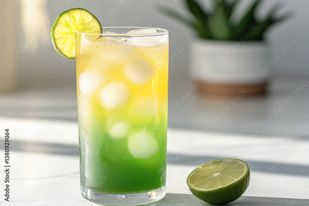 Fototapeta premium Refreshing layered drink with lime garnish on a white marble surface, with a plant in the background.