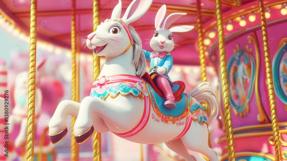 Festive Carousel Horse with Rabbit Rider Fun Fair Adventure