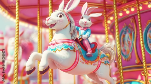 Obraz na płótnie Festive Carousel Horse with Rabbit Rider Fun Fair Adventure w salonie