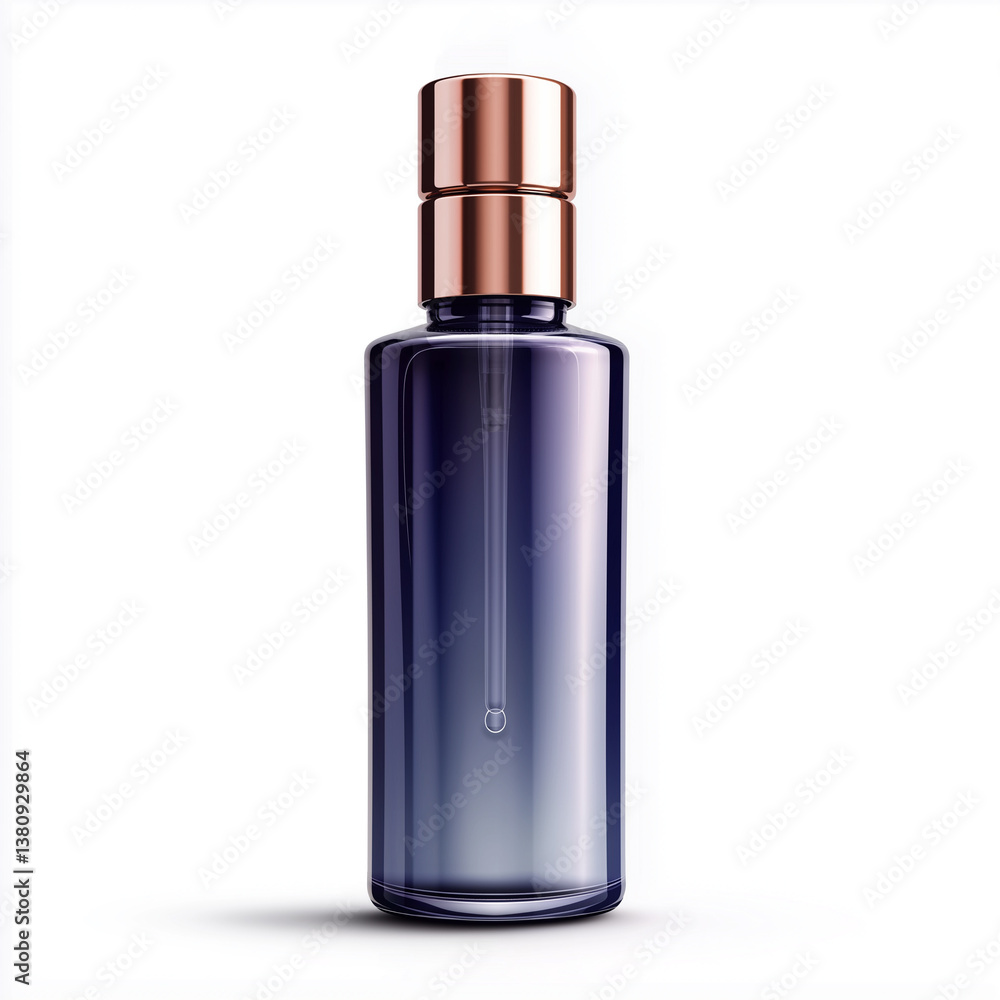 Elegant, tall soft purple blue cosmetic bottle with copper pump head, copper cap, isolated on a white background, front view. Elegant, tall soft purple blue cosmetic bottle with copper pump head, copper cap, isolated on a white background, front view.