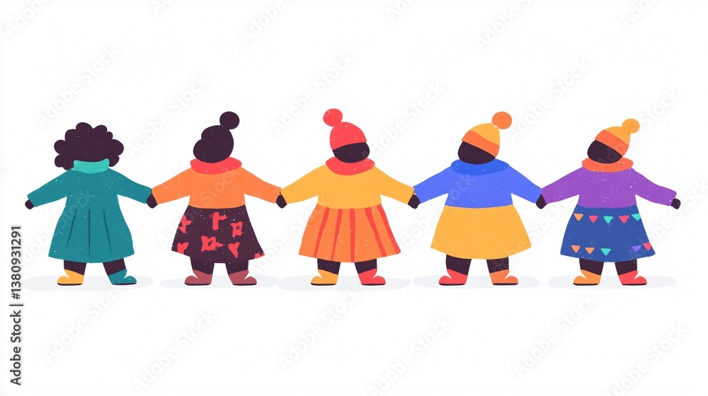 Diverse girls, dressed warmly, hold hands, forming a cheerful, united line Diverse girls, dressed warmly, hold hands, forming a cheerful, united line