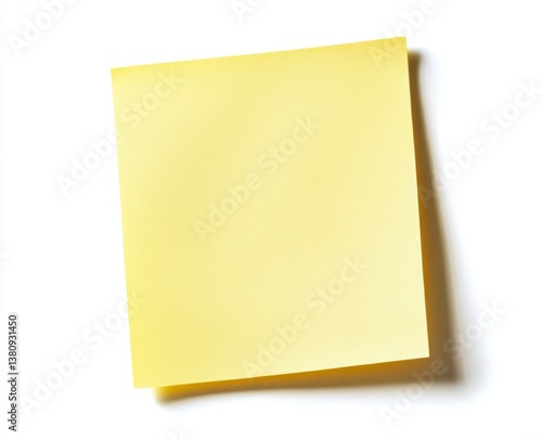 Yellow sticky note on white background, blank space for message, shadow, office stationery
