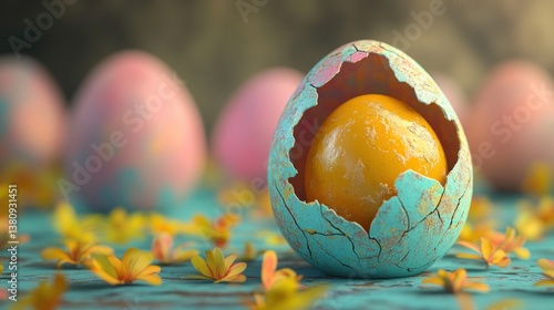Cracked Egg with Another Egg Inside Among Yellow Flower Petals