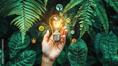 Hand Holding Light Bulb Amidst Greenery With Energy Icons Generative AI