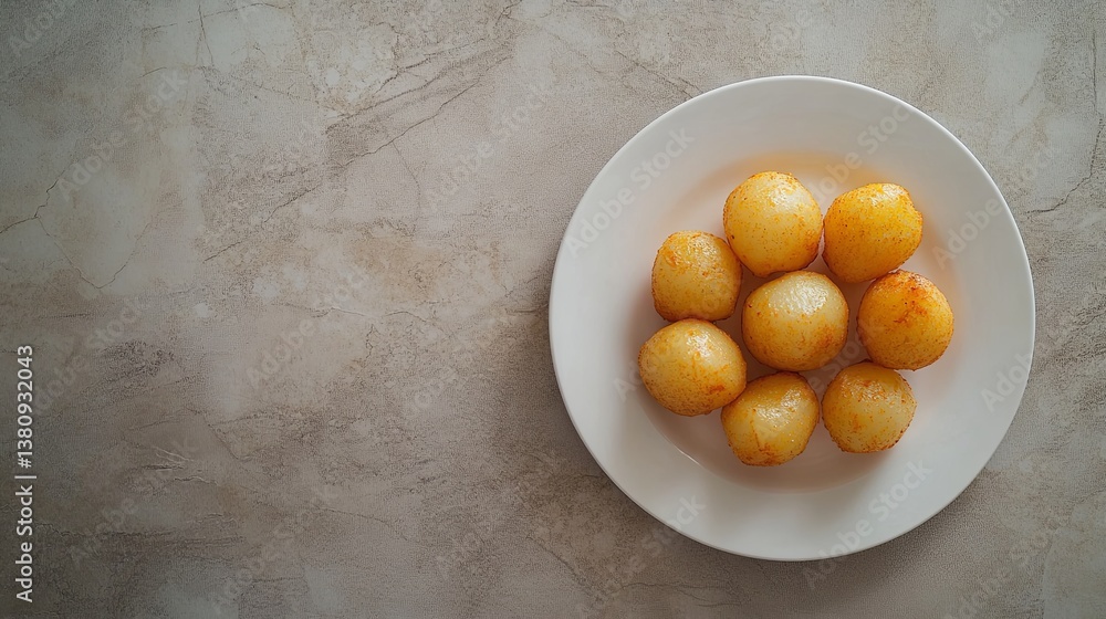 A clean photo of golden roasted potatoes styled on a white ceramic plate. background A clean photo of golden roasted potatoes styled on a white ceramic plate. background