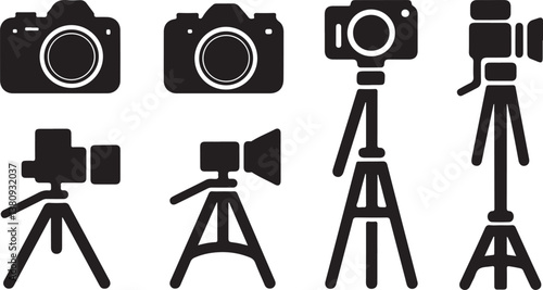 Set of cameras on a tripod isolated on white background, professional photography equipment for film and video