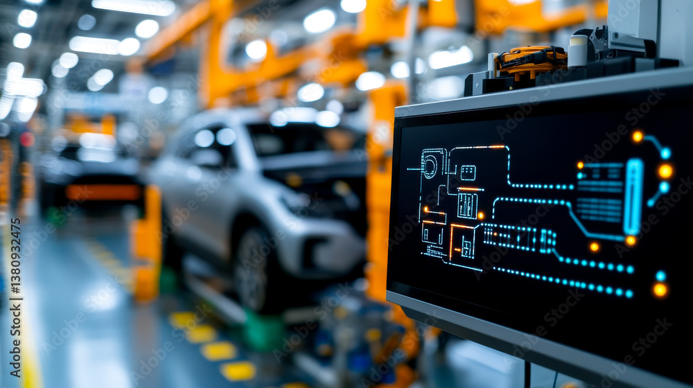 A modern automotive assembly line showcasing vehicles and advanced technology with a digital interface displaying manufacturing data. A modern automotive assembly line showcasing vehicles and advanced technology with a digital interface displaying manufacturing data.