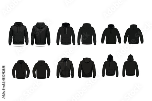 Black Apparel Mockups: Jackets, Hoodies - Front, Back, Side Views Set