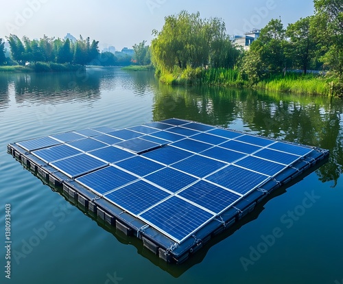 Renewable Energy Oasis: A comprehensive view of solar panels assembled atop a pontoon on a lake, harnessing the power of sunlight to generate sustainable energy, a vision of eco-friendly innovation.