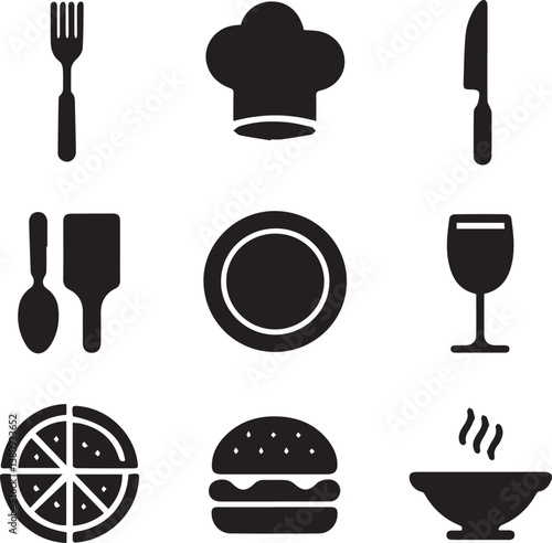Restaurant and kitchen icon set with food drink and cooking symbols