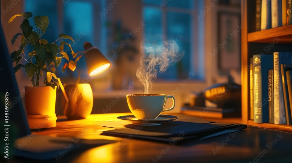 Inviting home office scene with steaming coffee and ambient lighting atmosphere
