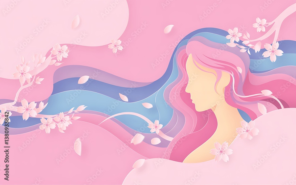 Paper art of woman with pink hair and cherry blossoms in pastel tones Paper art of woman with pink hair and cherry blossoms in pastel tones