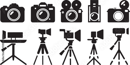 Set of cameras with tripods and photographic equipment on a white background